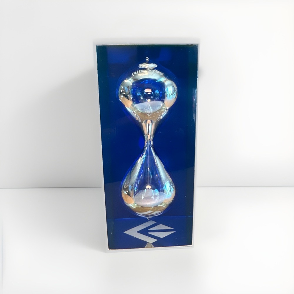 Vintage MCM Blue Lucite Acrylic Hourglass Paperweight Sand Timer Block Art